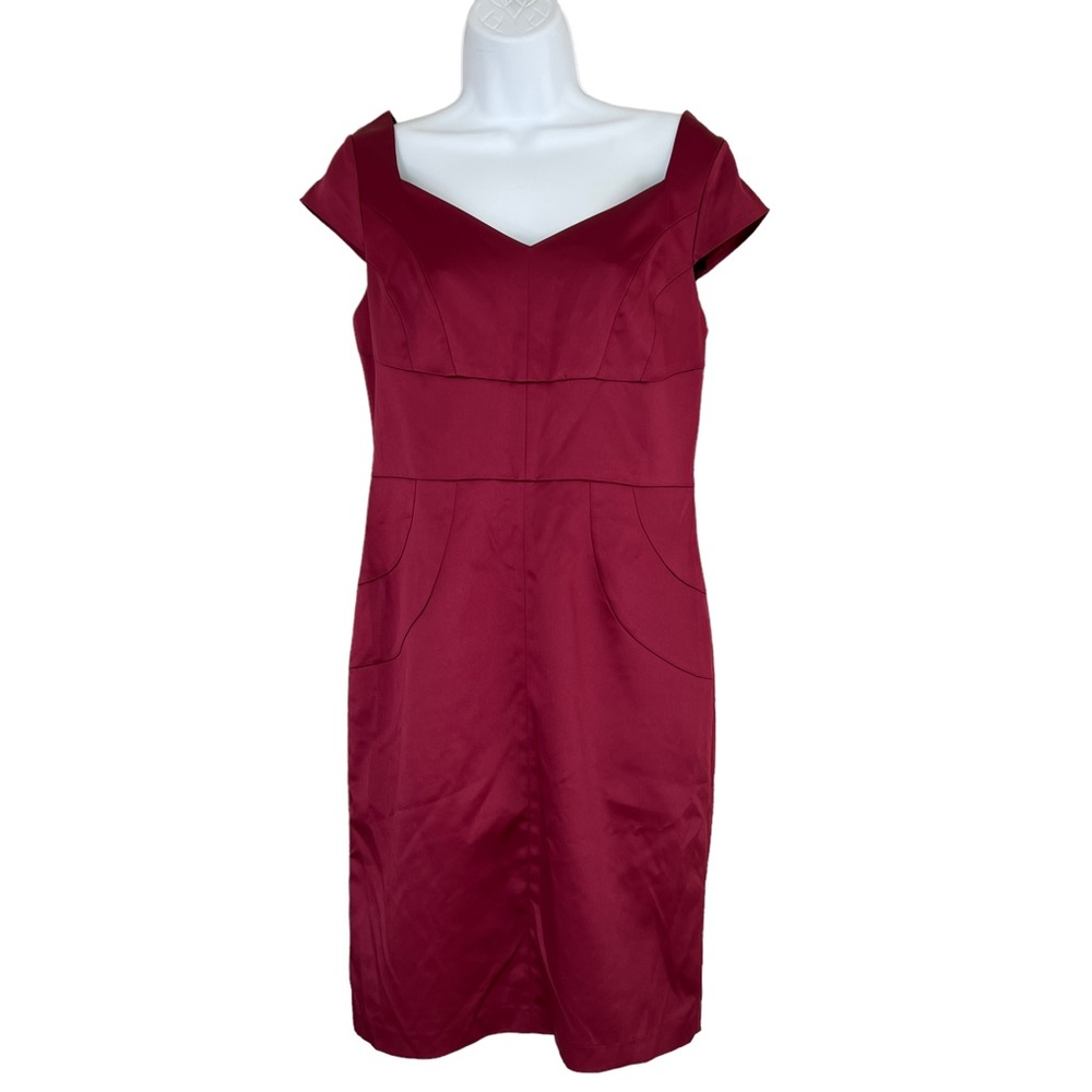 Adrianna Papell red satin dress 6 cap sleeves sheath wine burgundy